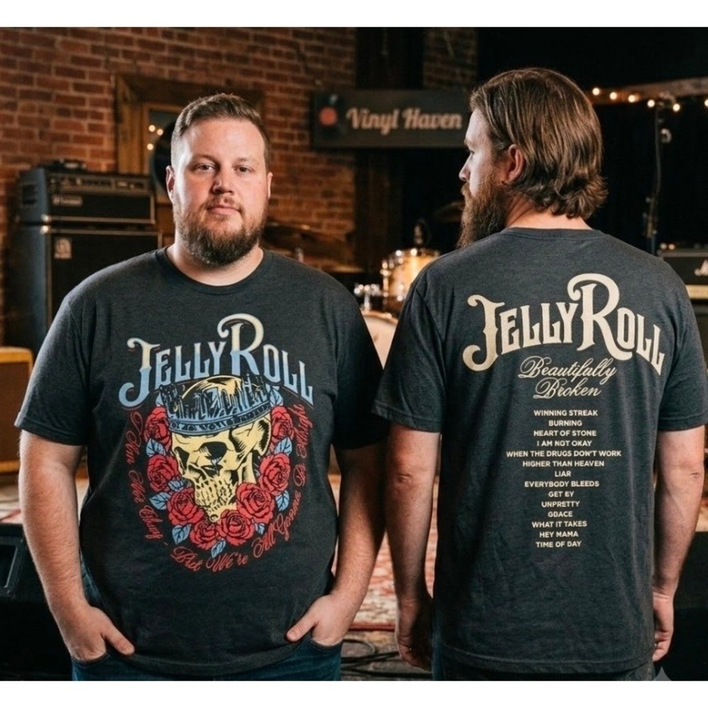 Jelly Roll Beautifully Broken Tour Graphic T-Shirt Black Pigment Dye Mens Large
